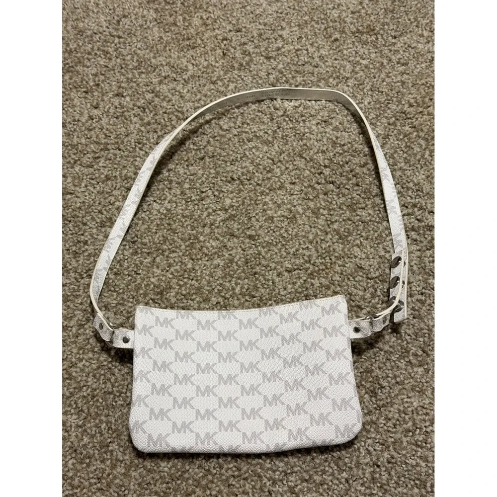 Michael Kors White Signature Logo Belt Bag Fanny Pack Silver